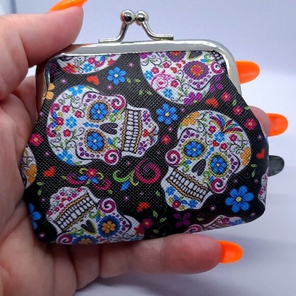 Small Black Sugar Skull Coin Pouch Mini Change Purse Day of the Dead Gothic - Picture 1 of 6